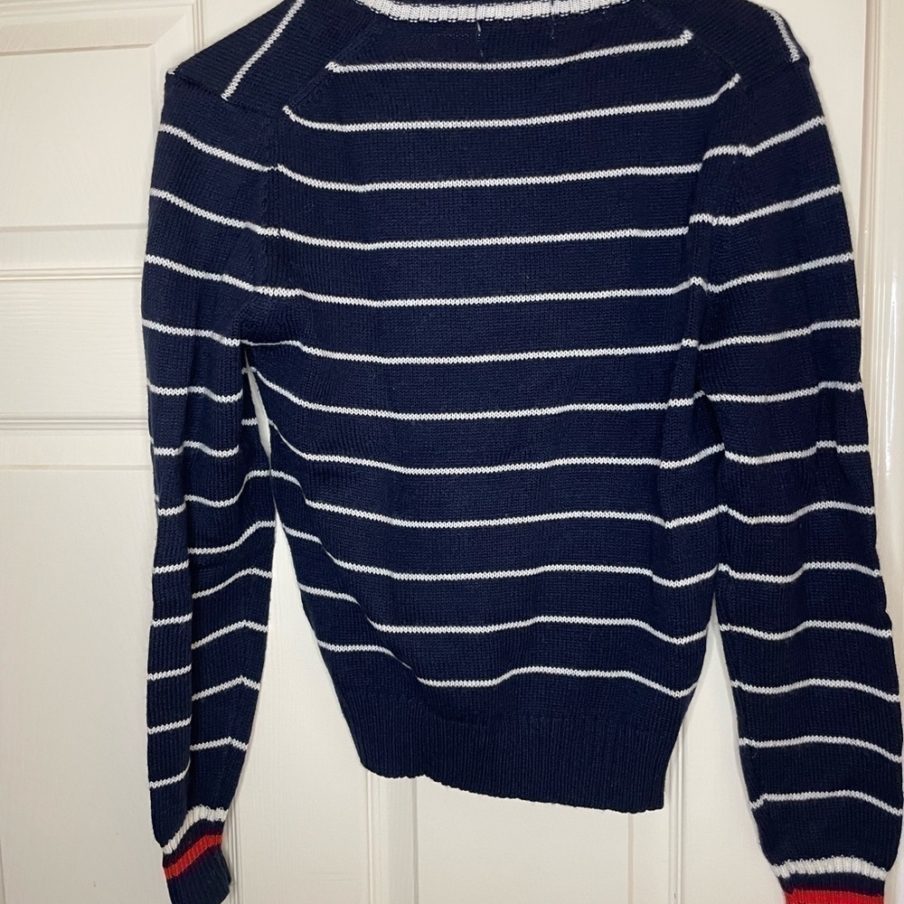 Vintage Women LACOSTE V-Neck Sweater Navy w/White Stripes & Red Crocodile 36/ Sm - Picture 7 of 10